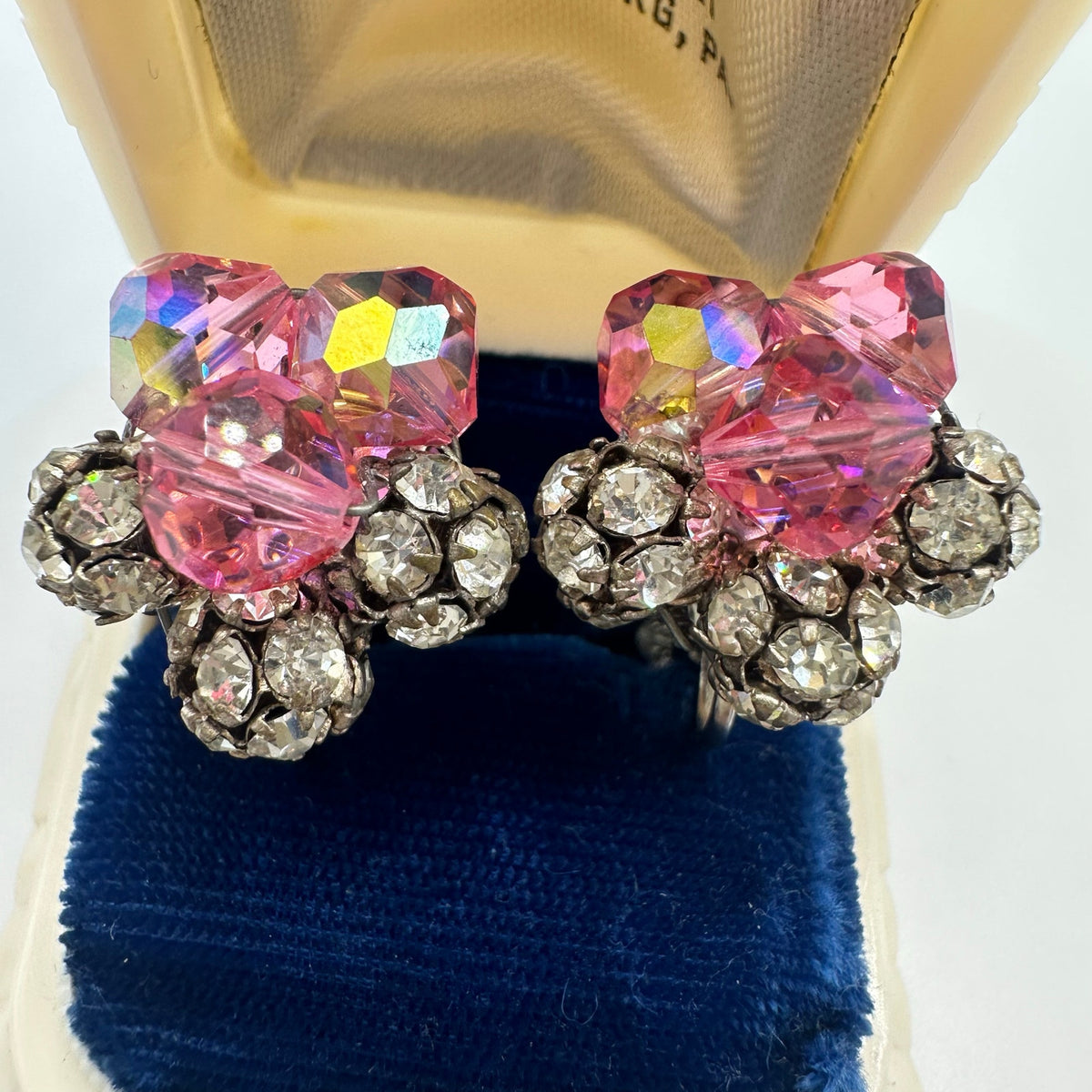 1950s vintage silver tone pink AB glass rhinestones beaded clip on earrings