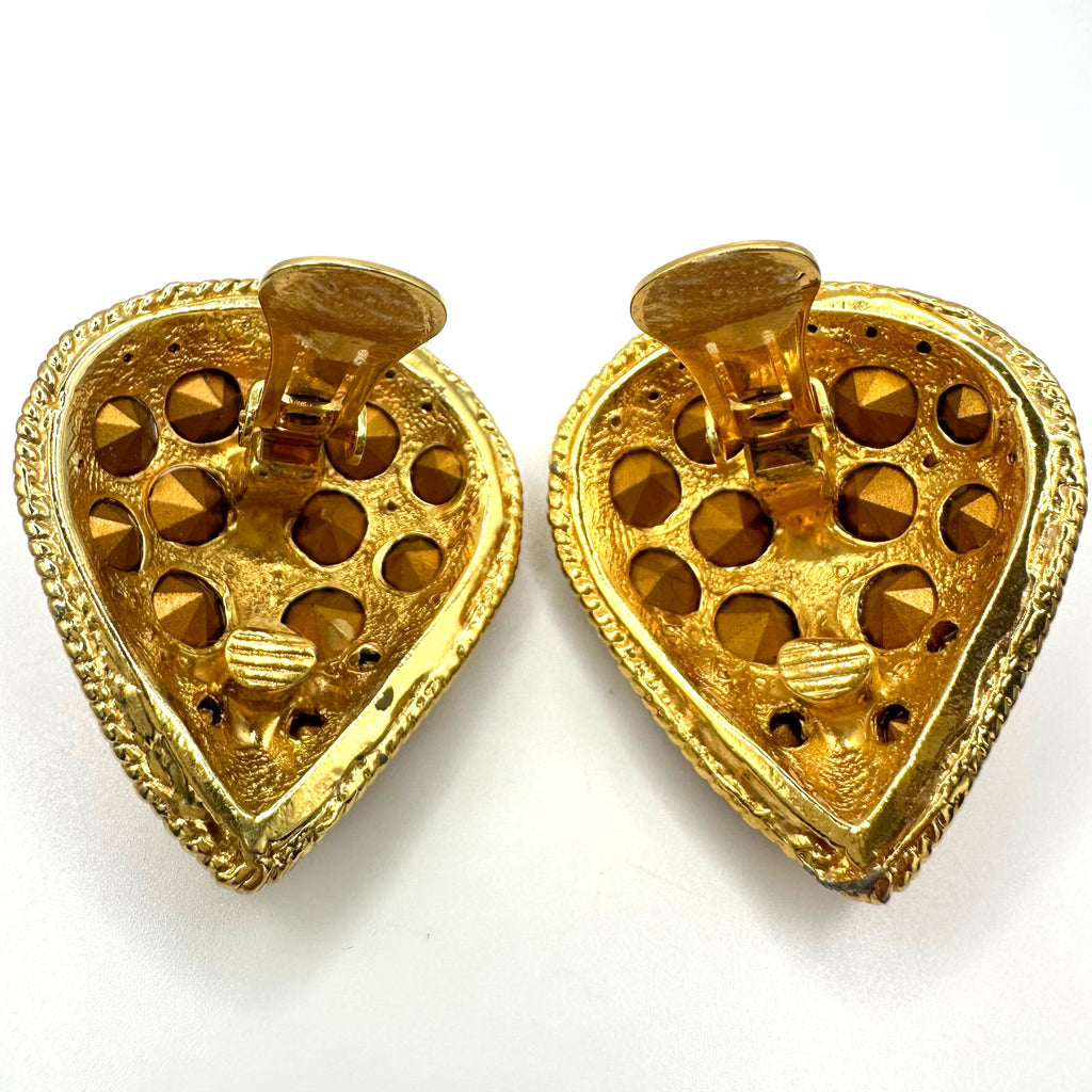 1980s vintage large gold tone pink purple clear rhinestones clip on earrings