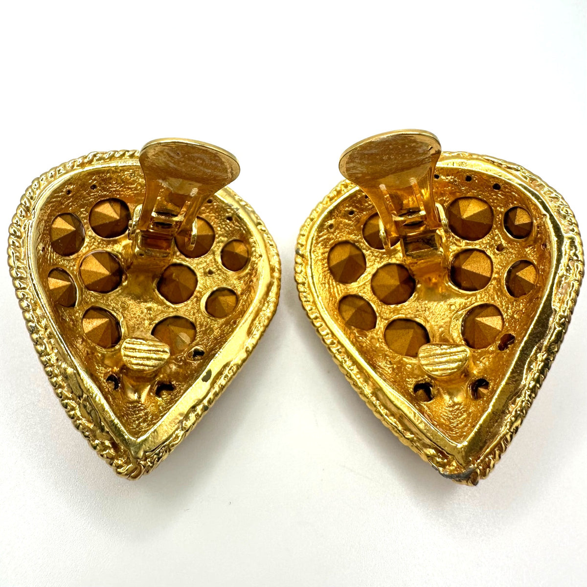 1980s vintage large gold tone pink purple clear rhinestones clip on earrings