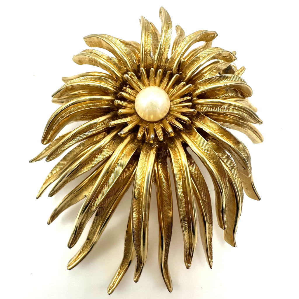 Marcel Boucher signed vintage gold tone real pearl 3D flower floral brooch