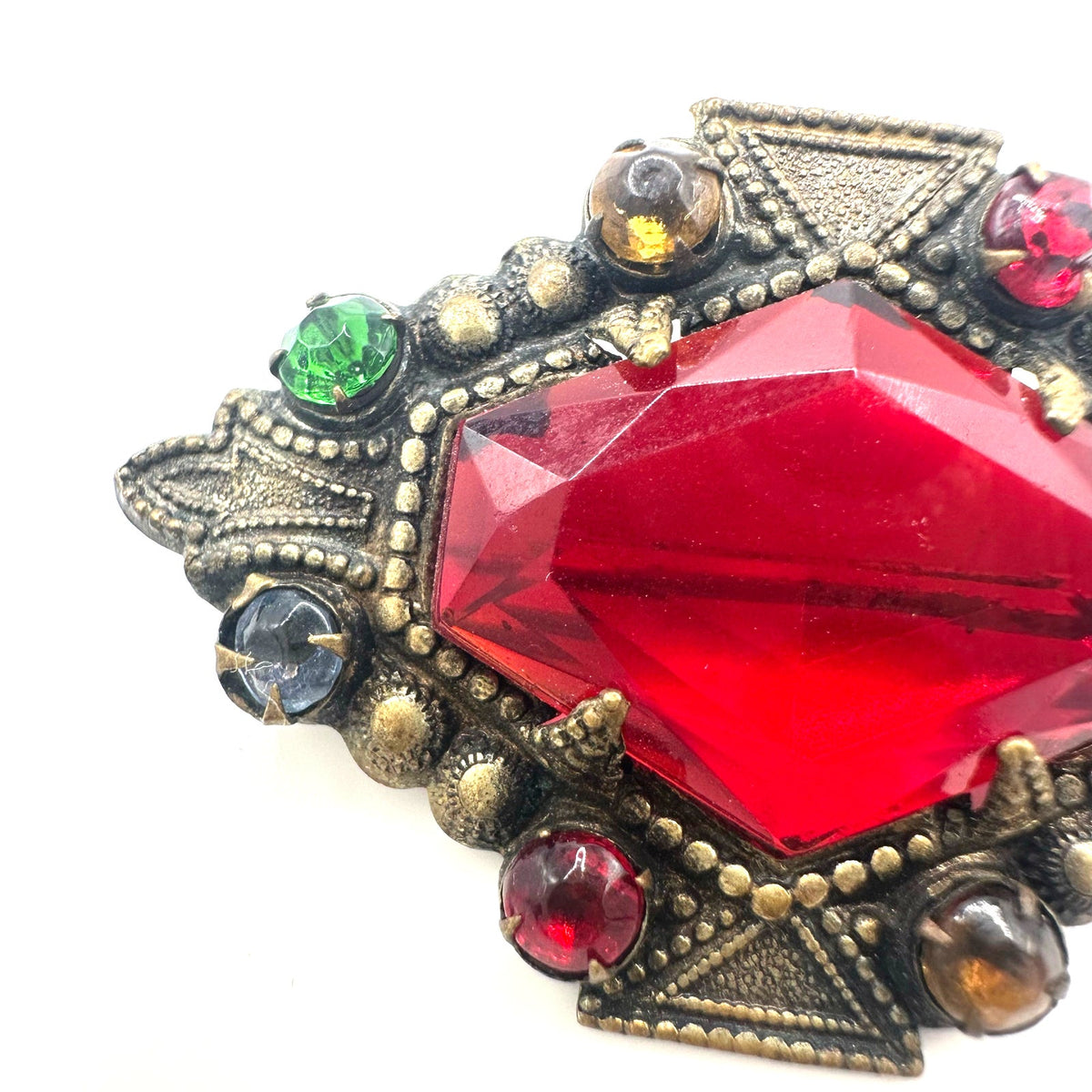 Antique Art Deco 1920s brass multicolor Czech glass rhinestones brooch pendant