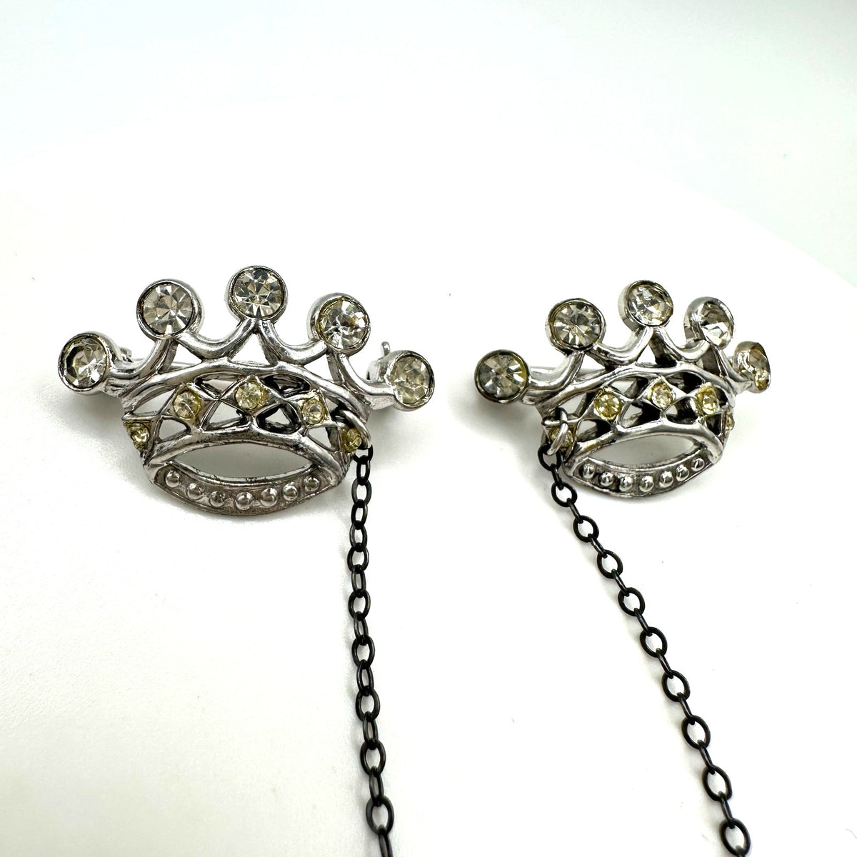1940s vintage sterling silver rhinestones double crown brooch sweater guard