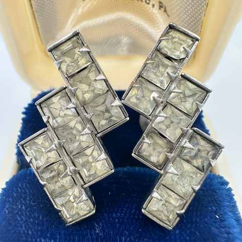 1940s vintage retro clear square rhinestones silver tone screw back earrings