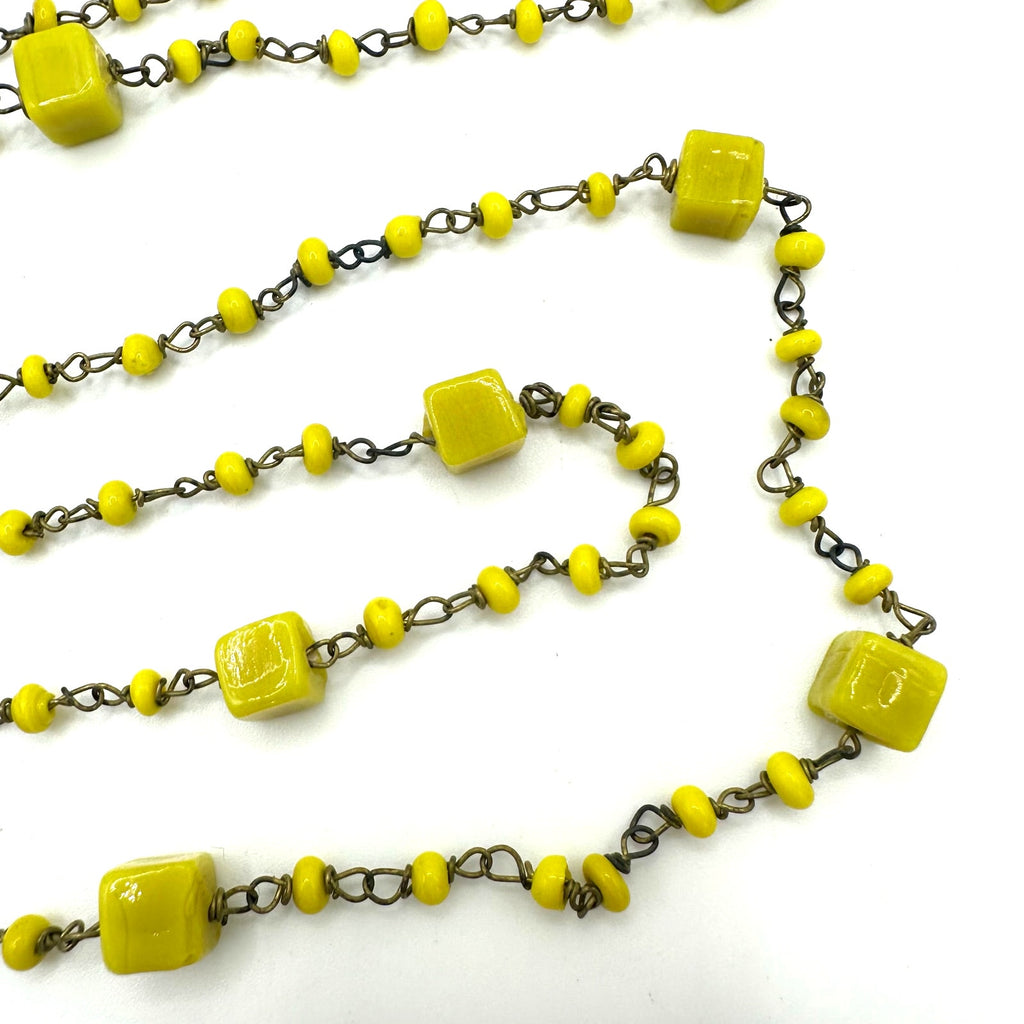 Antique Art Deco Czech yellow art cadmium glass beads beaded brass 41" necklace