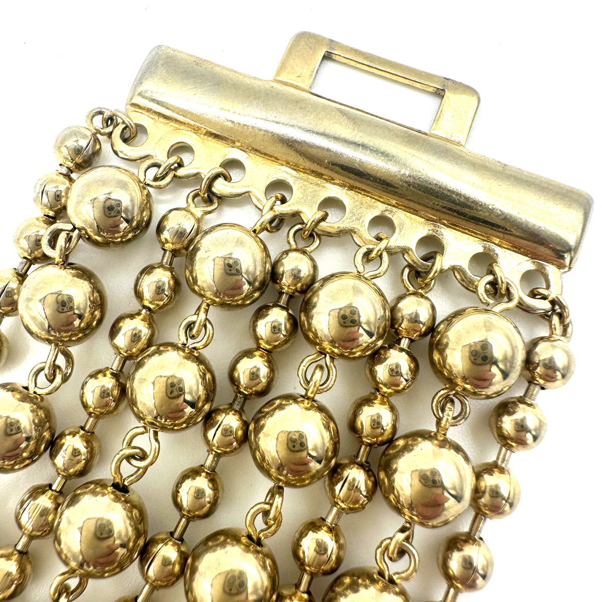 Vintage gold tone chunky 9 strand beaded metal ball chains statement bracelet
