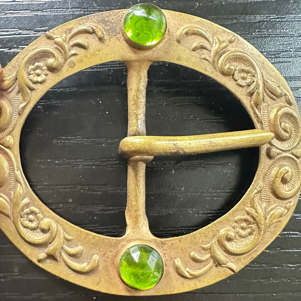Antique Art Nouveau embossed gold tone brass green rose cut glass belt buckle