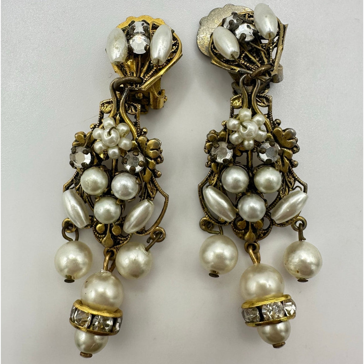 Robert Demario unsigned gold tone rose montee rhinestones pearl clip on earrings