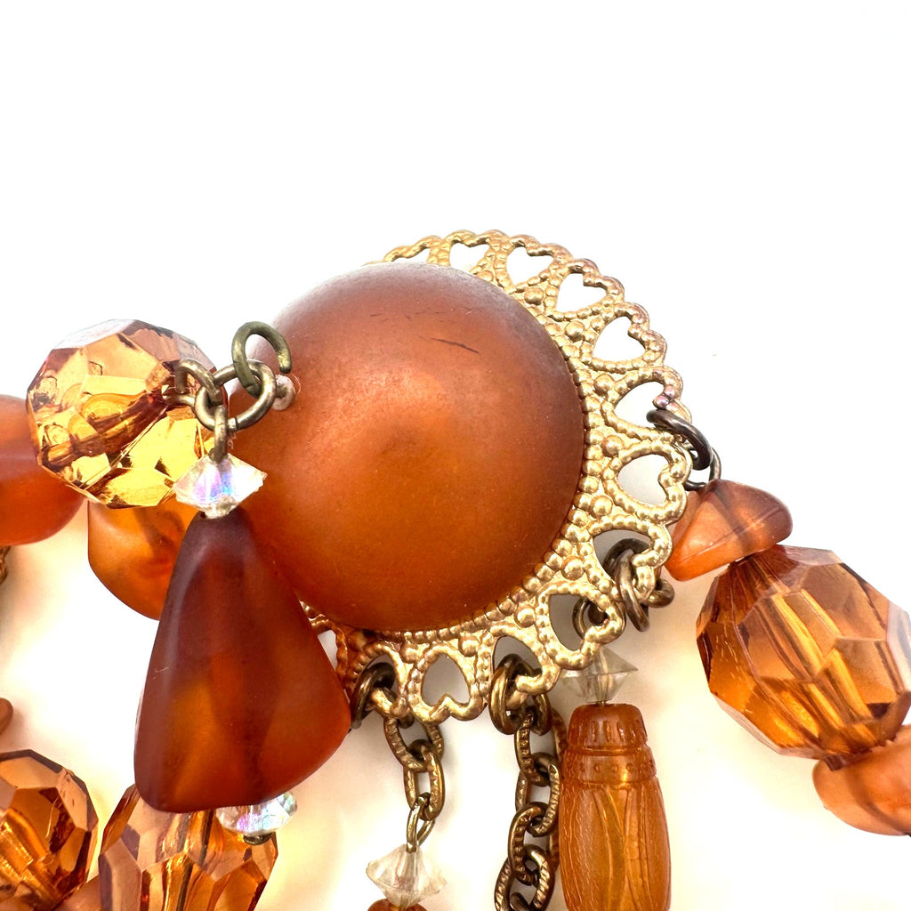 Vintage gold tone amber lucite beaded 4" dangle drop statement clip on earrings