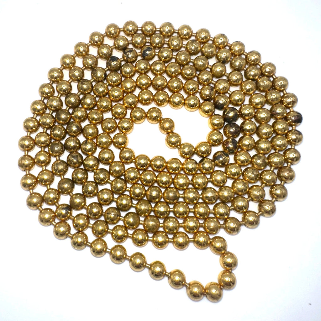 Antique Art Deco 1930s gold tone brass 6mm ball beads pull chain 59” necklace