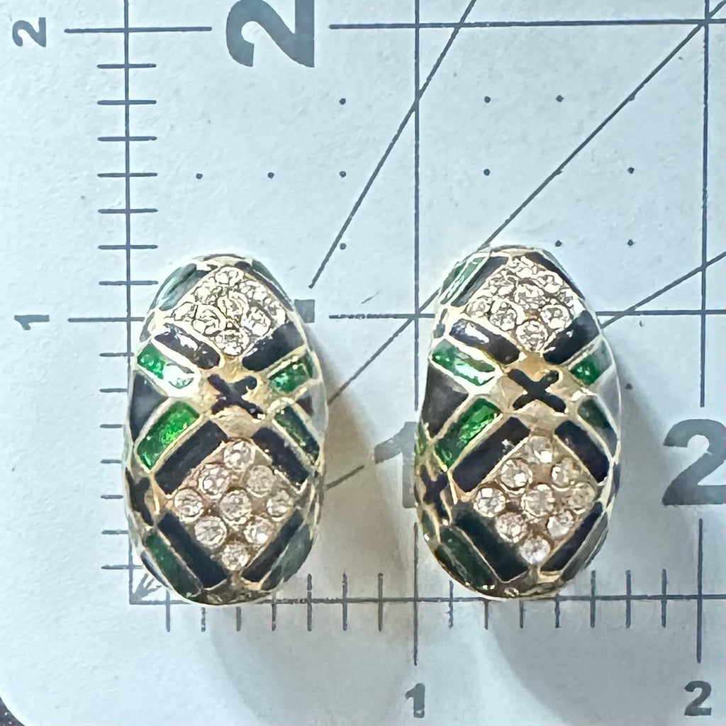 1980s vintage gold tone clear rhinestones black green enamel half hoops earrings