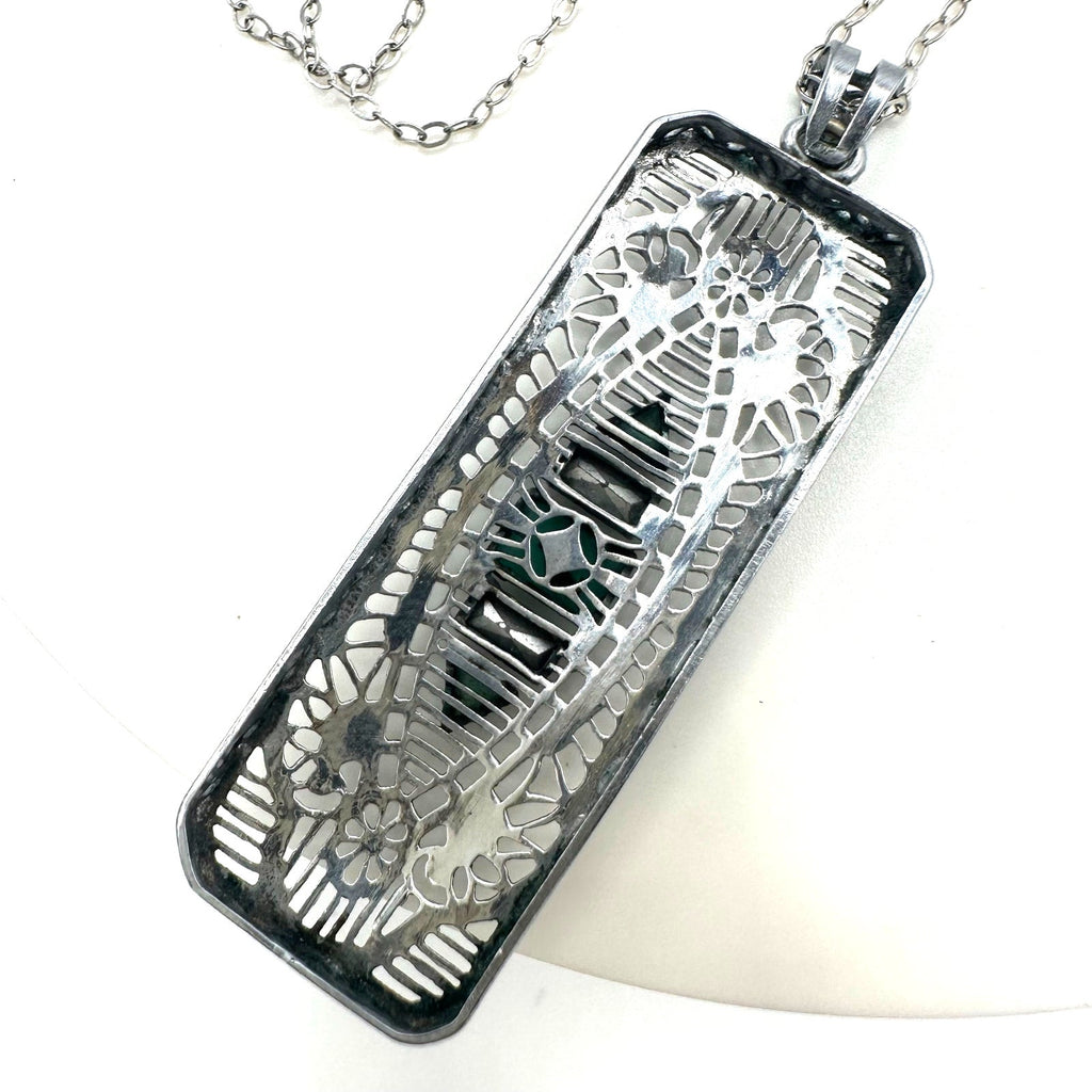 Antique Art Deco rhodium plated Czech glass filigree pendant sterling necklace