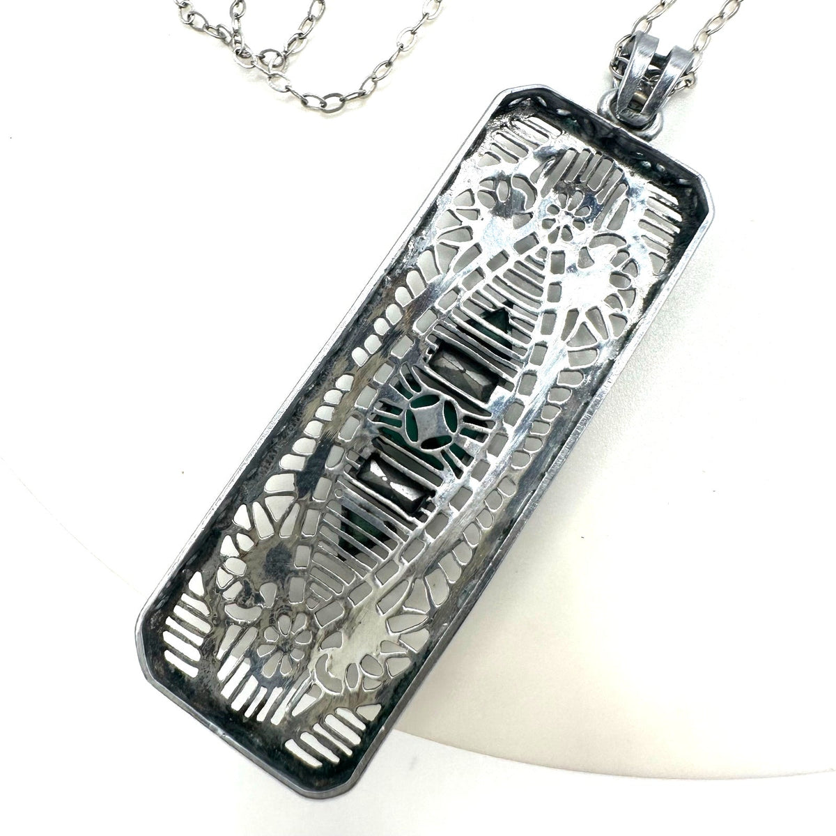 Antique Art Deco rhodium plated Czech glass filigree pendant sterling necklace