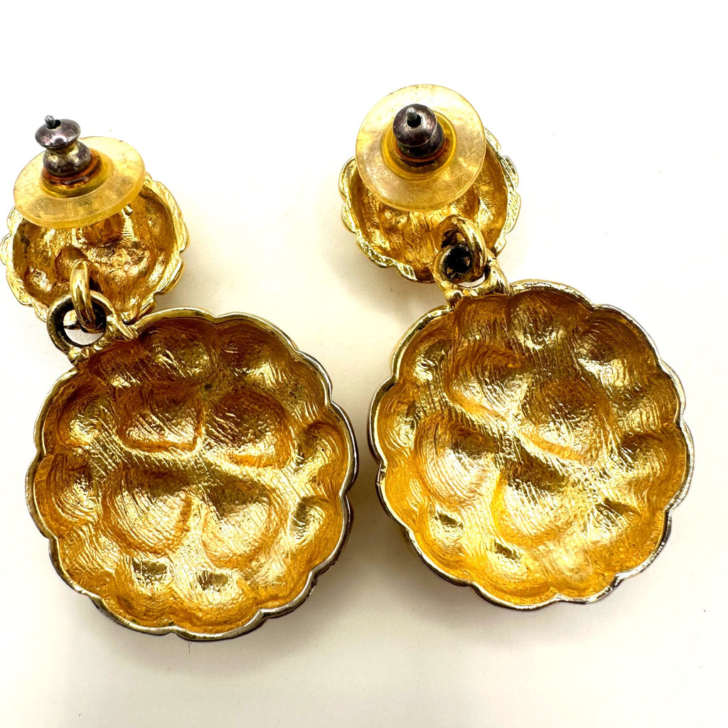 Vintage 1980s 1990s gold tone puffed circular discs dangle drop post earrings
