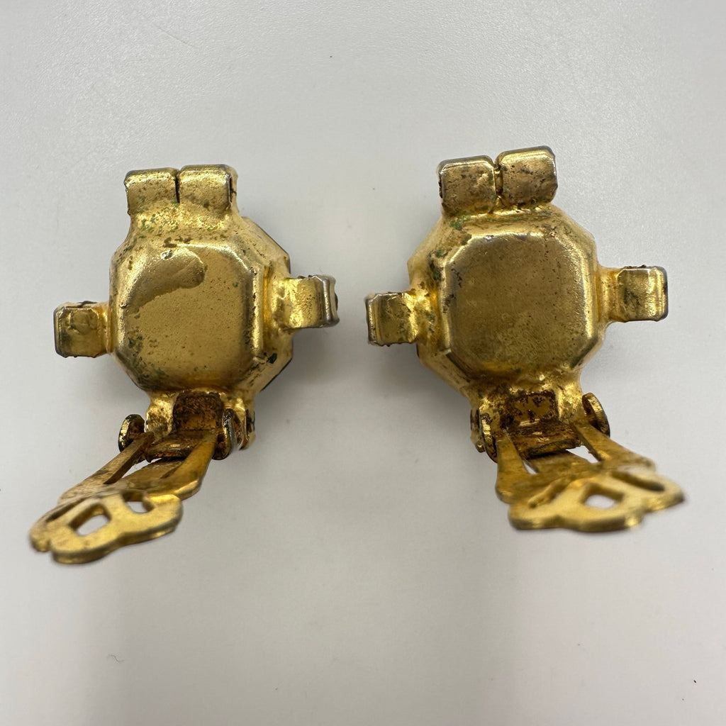 Vintage gold tone amber glass aurora borealis AB rhinestones clip on earrings