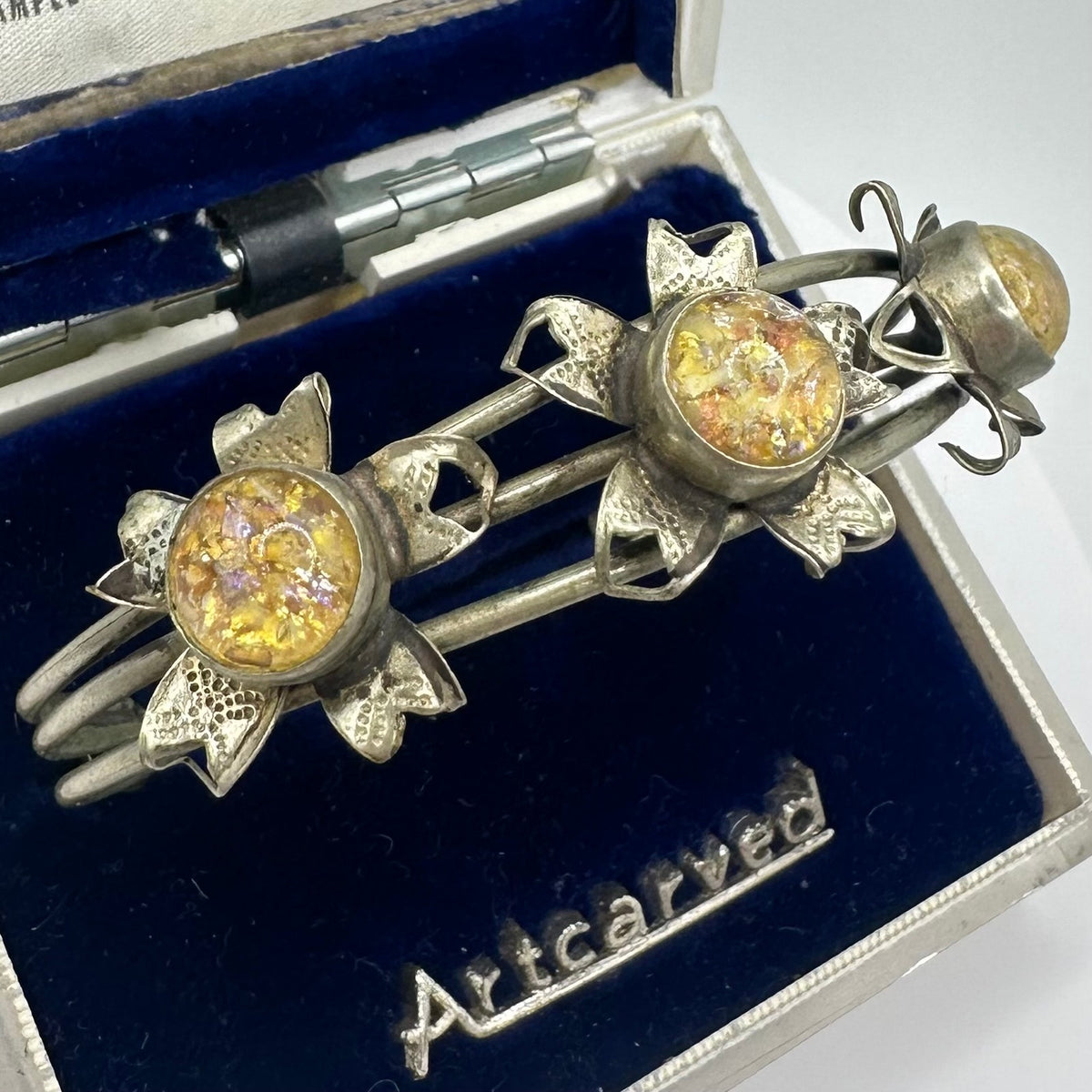 1940s vintage silver alloy floral art glass cabochons adjustable cuff bracelet