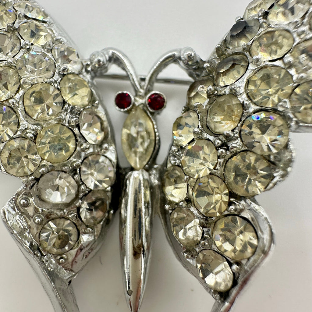 Vintage 1940s silver tone rhodium plated clear red rhinestones butterfly brooch