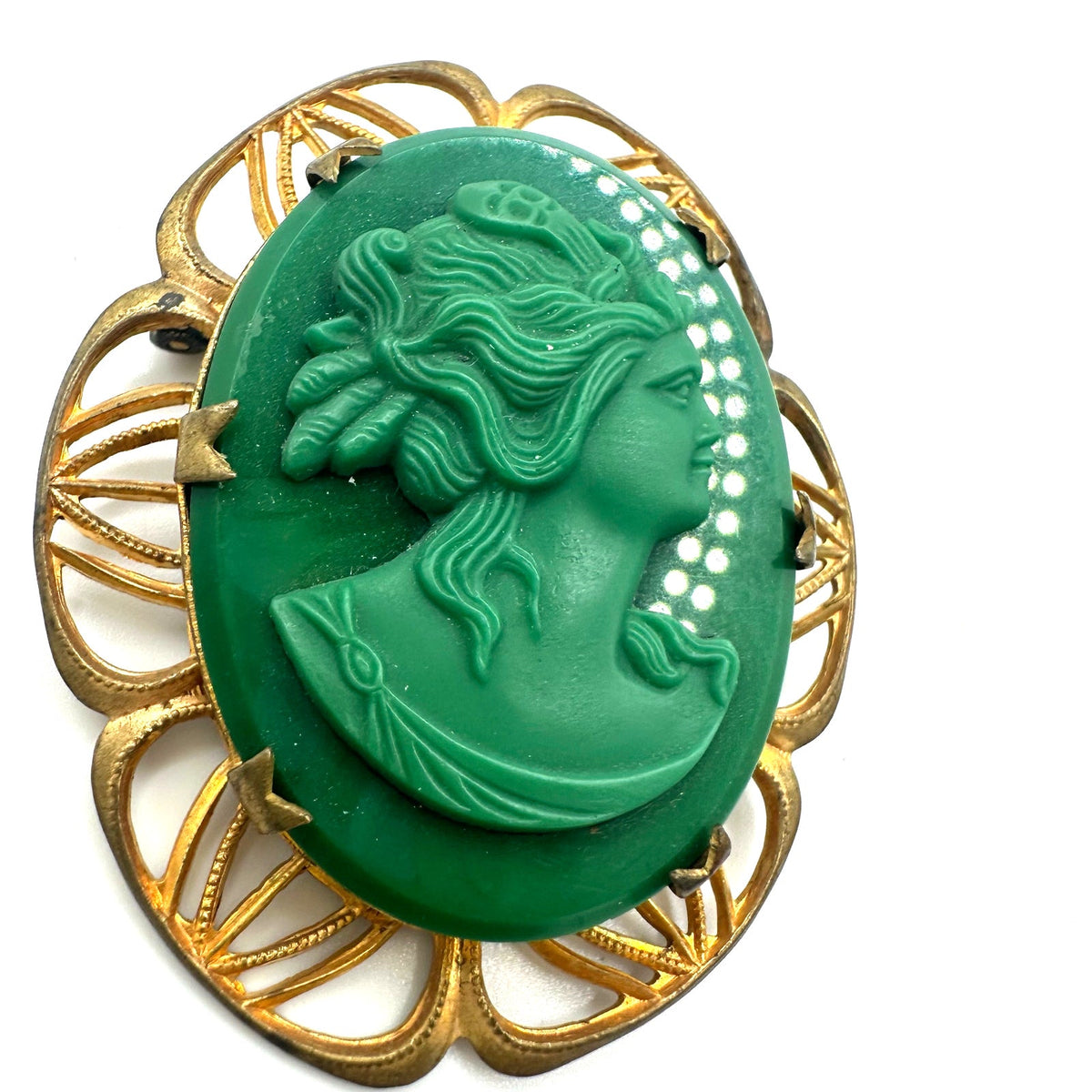 Antique vintage molded emerald green glass cameo gold tone brass brooch