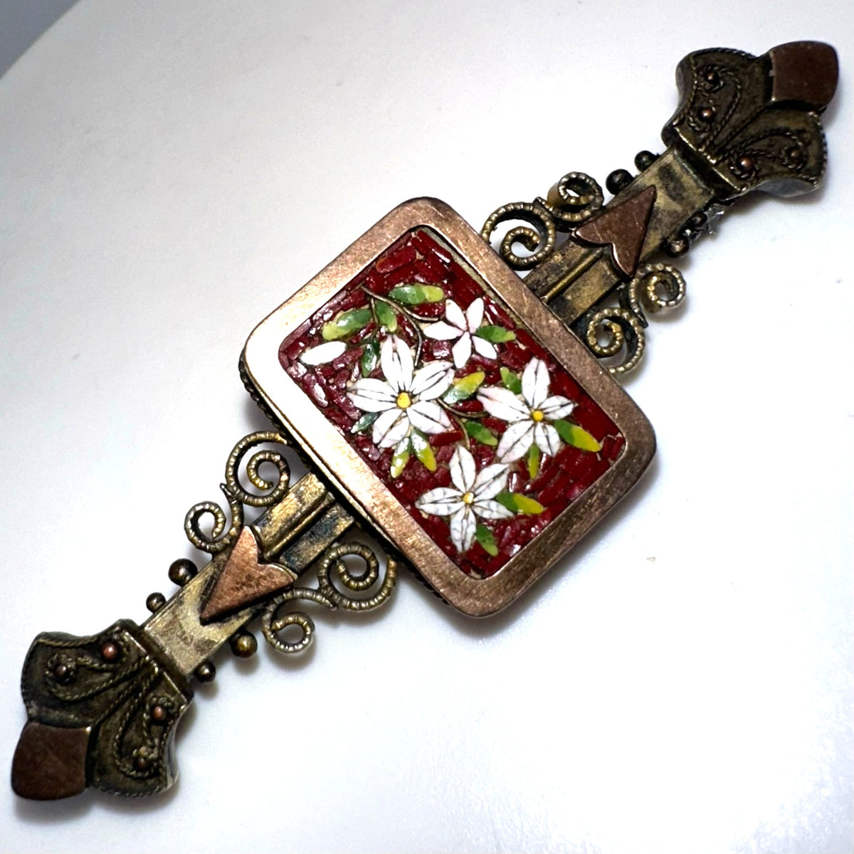 Antique Victorian 1880s micro mosaic gold filled Etruscan Revival bar pin brooch