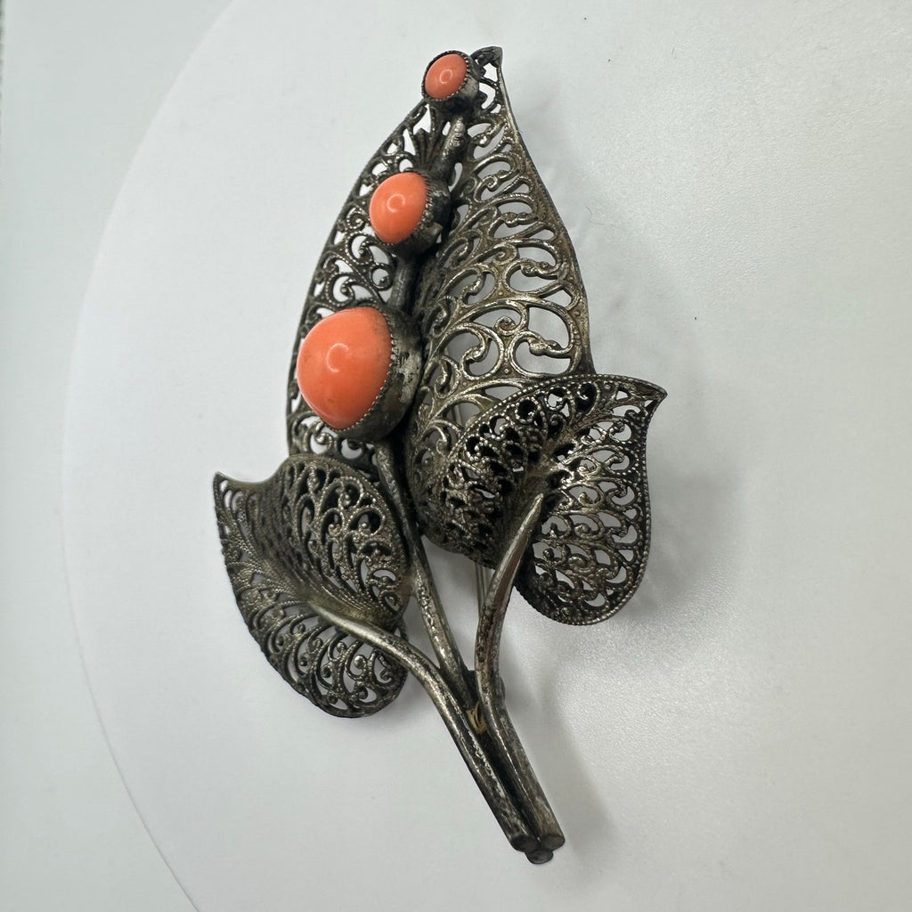 Vintage intricate silver tone filigree leaves orange glass cabochons brooch pin