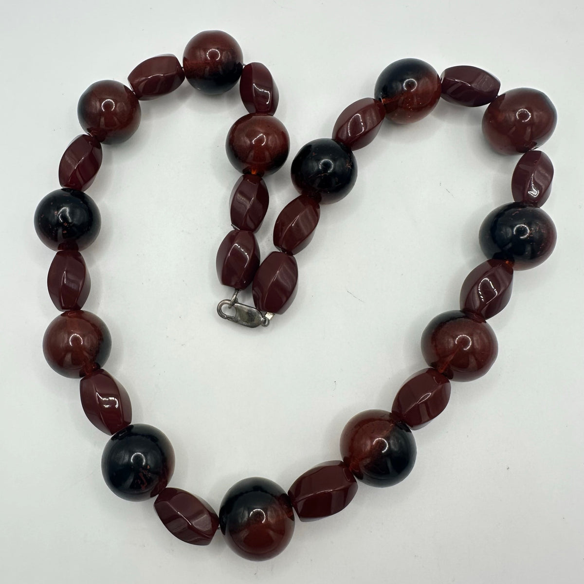 Handmade black brown heavy speckled glass beads beaded sterling clasp necklace