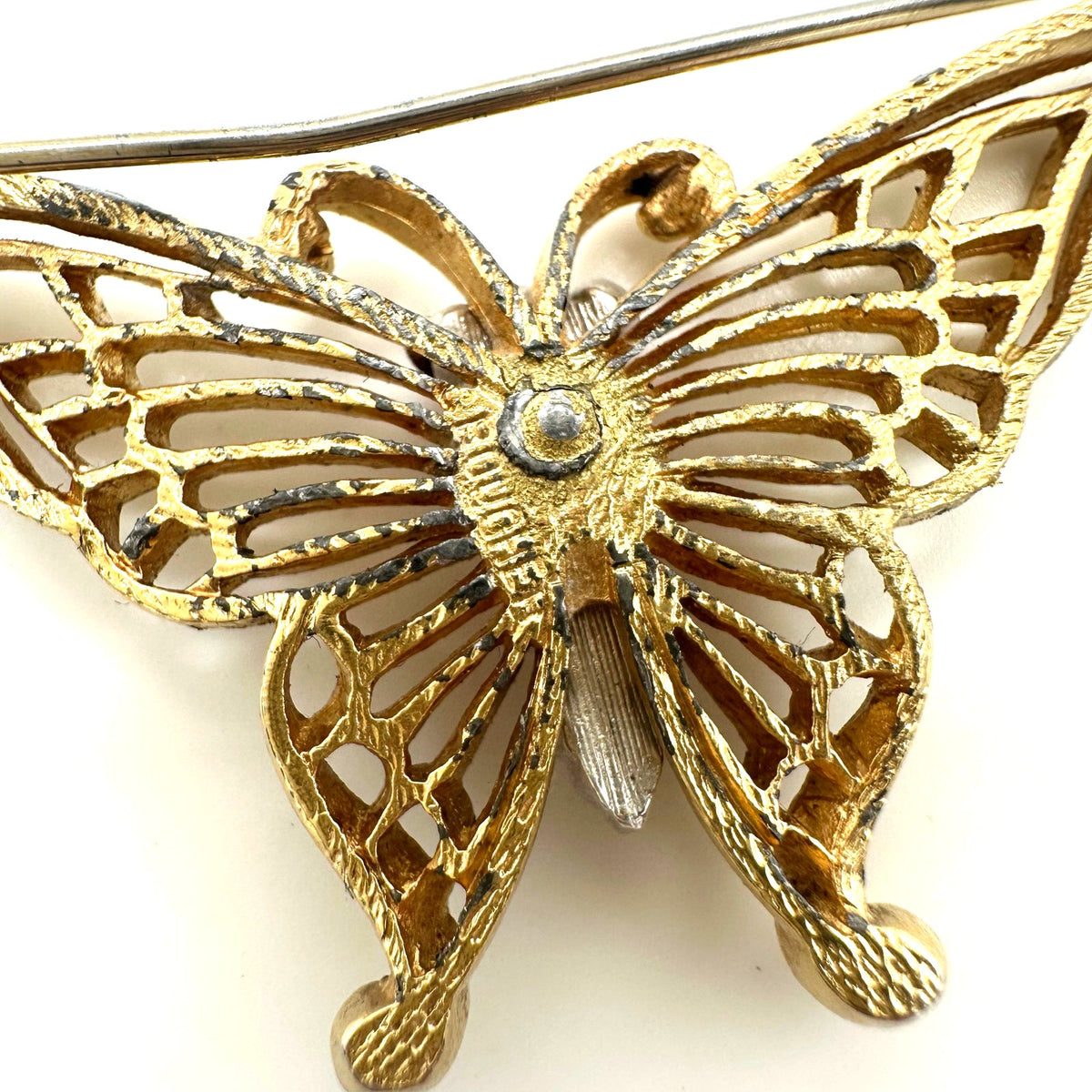 Marcel Boucher vintage gold tone clear red rhinestones butterfly brooch
