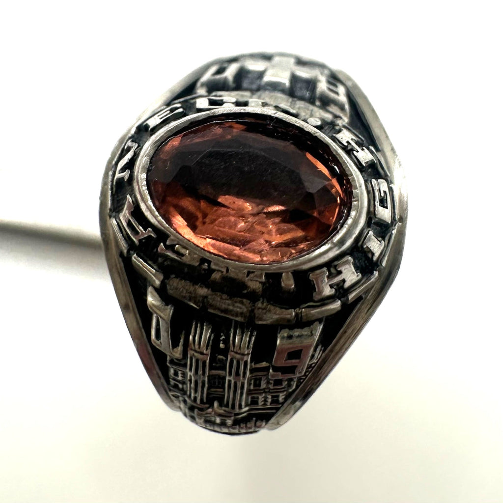 Jostens 1980 vintage silver tone Lustrium peach stone class ring 6.5