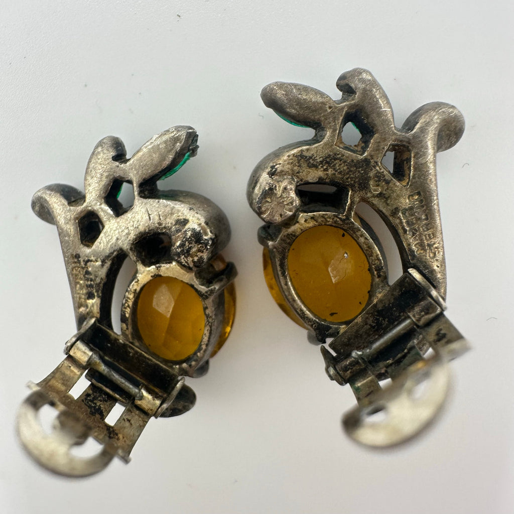 Joseph Mazer vintage sterling silver topaz emerald rhinestones clip on earrings