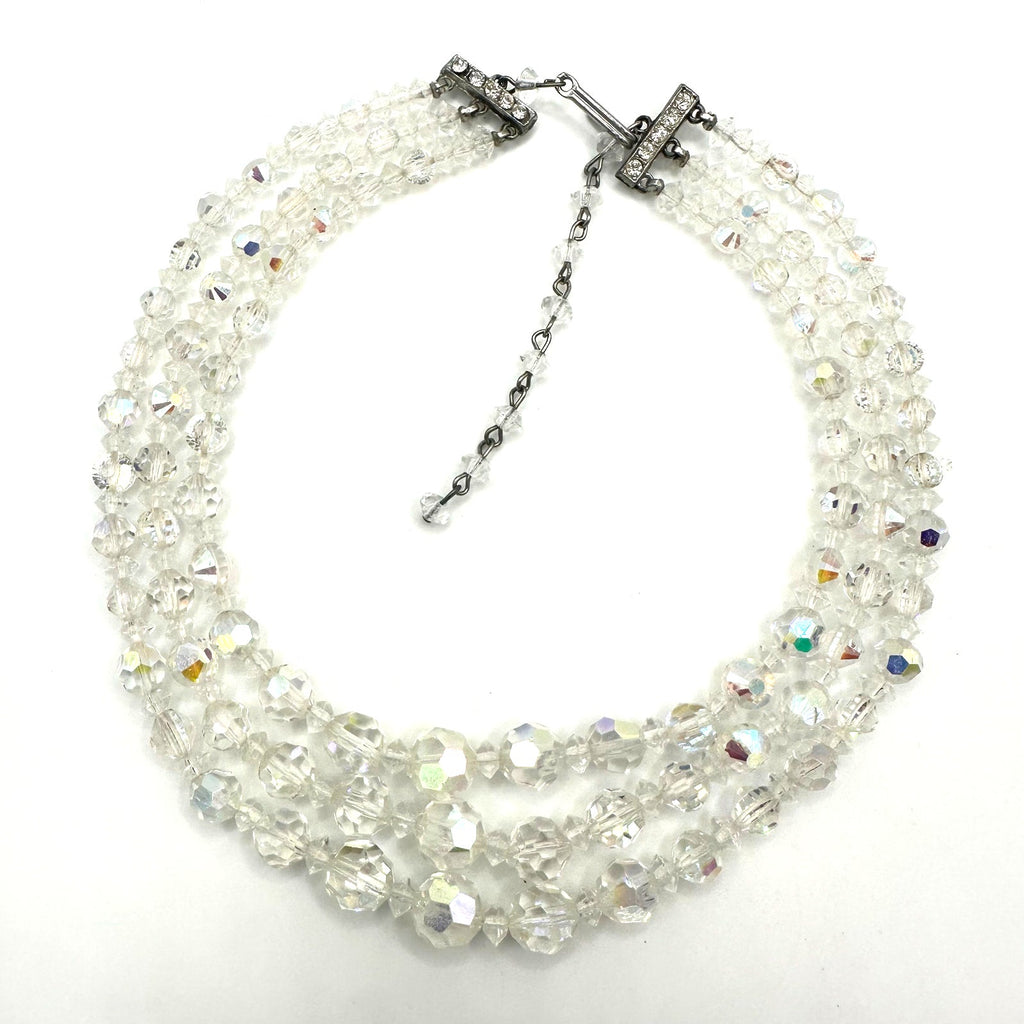 Vintage 3 triple strand clear AB aurora borealis glass beaded graduated necklace