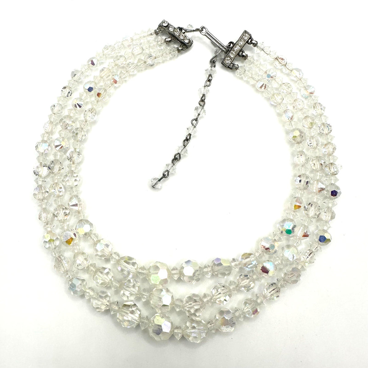 Vintage 3 triple strand clear AB aurora borealis glass beaded graduated necklace
