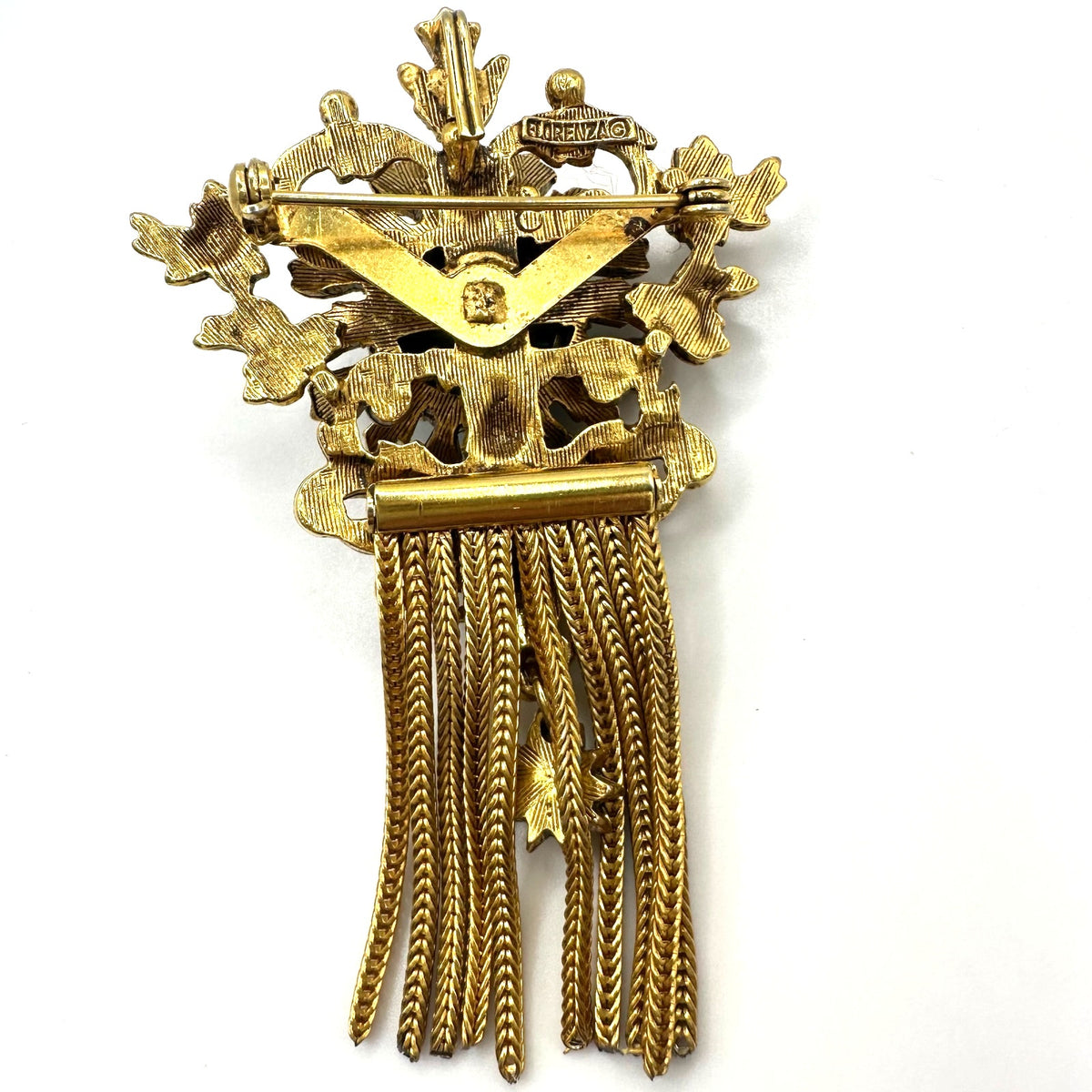 Florenza Victorian Revival gold tone fringe rhinestones art glass brooch pendant