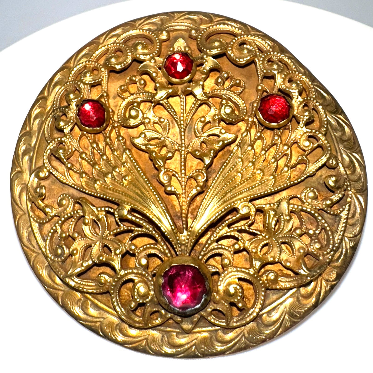 Antique 1900s Arts & Crafts gold gilt rose cut red paste glass sash pin brooch