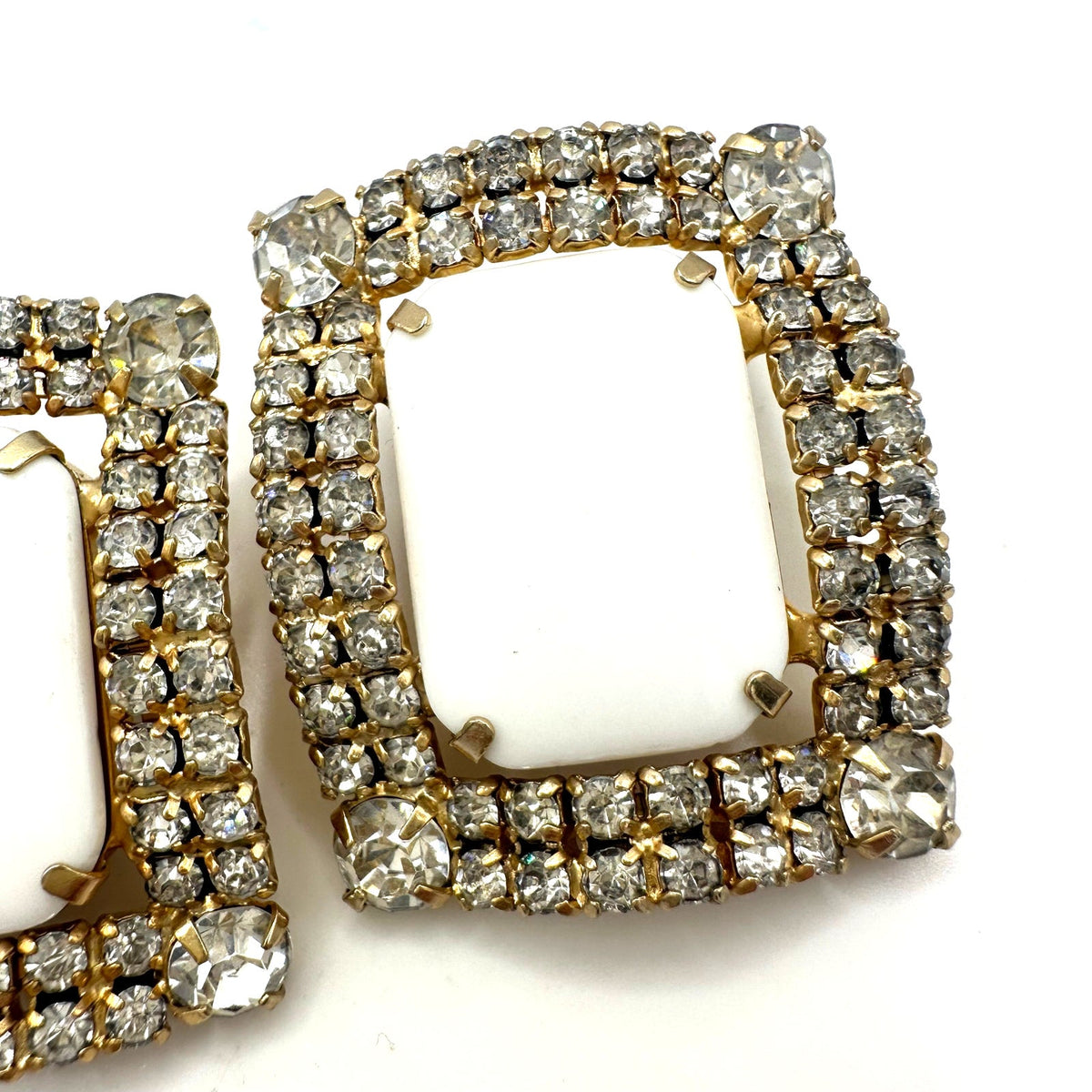 Vintage massive gold tone rectangular milk glass rhinestones clip on earrings
