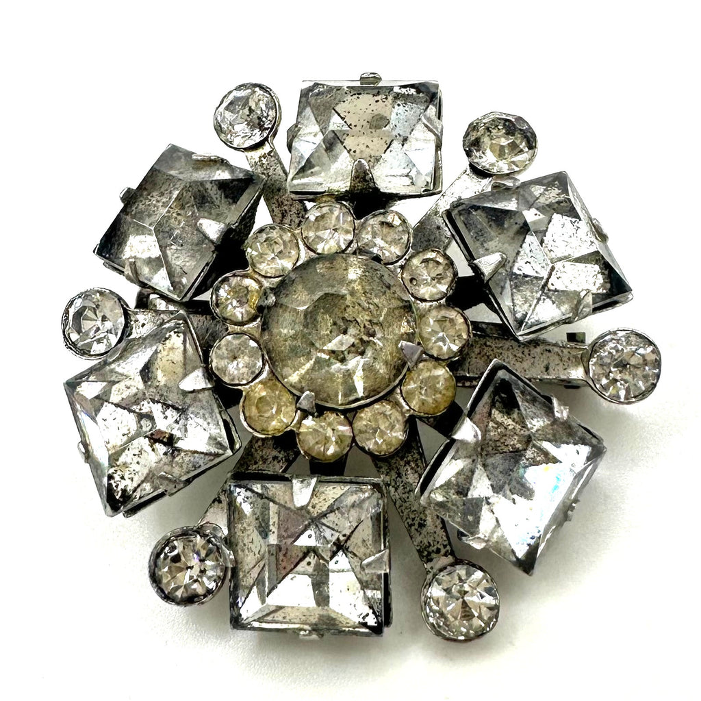 Vintage 1940s 1950s silver tone clear glass rhinestones brooch pendant 1.25"