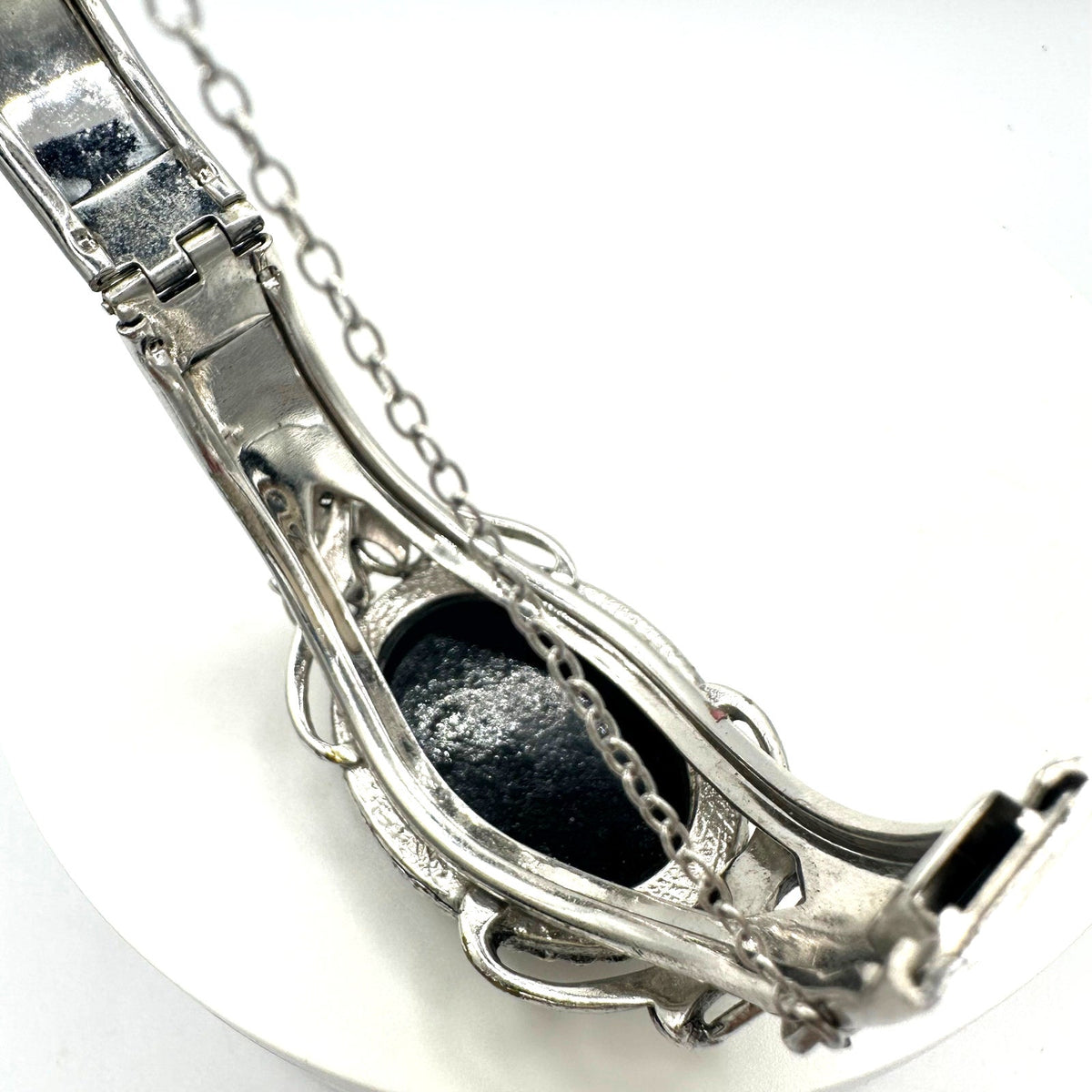 Vintage Victorian Revival silver tone hematite glass hinged bangle bracelet