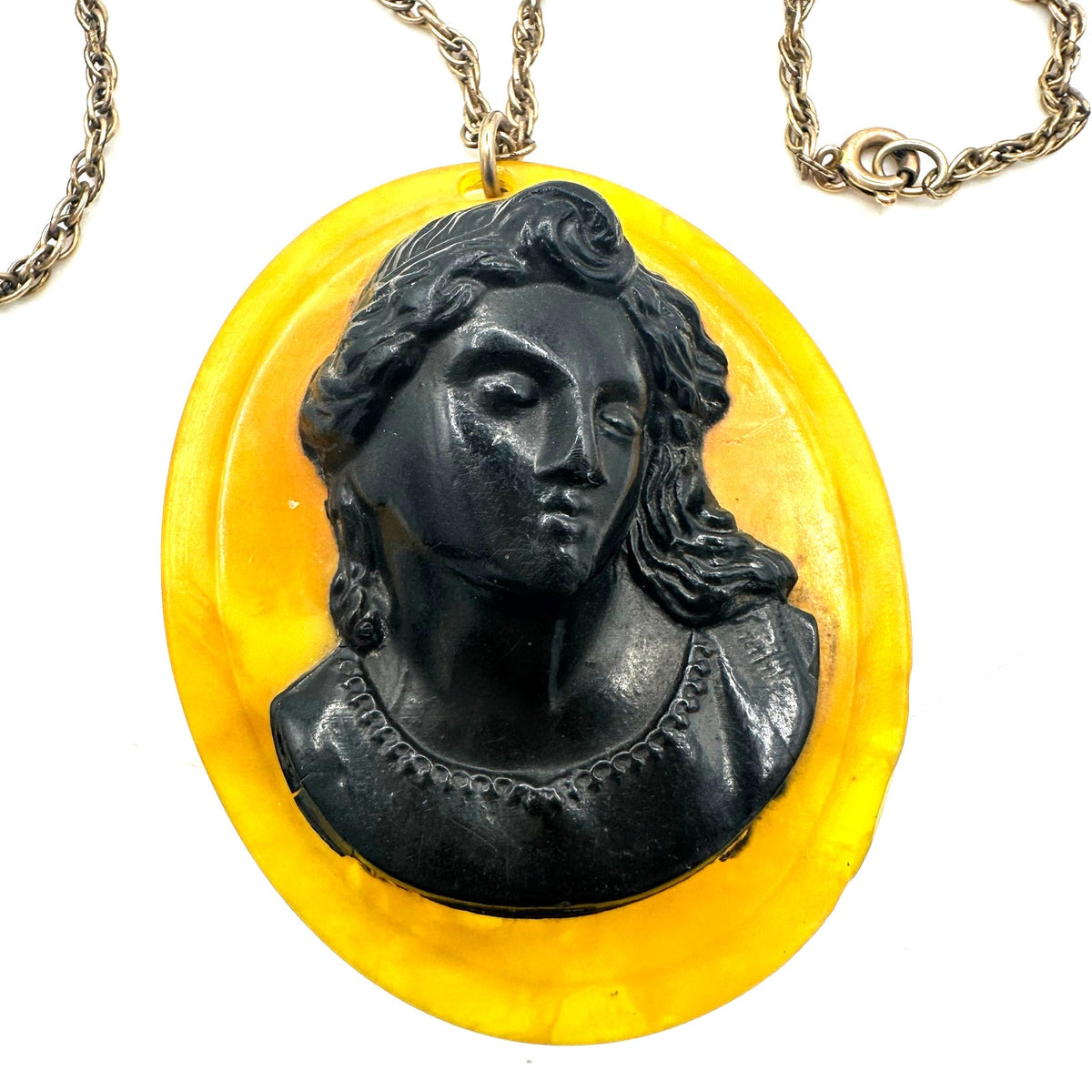 Antique Art Deco 1920s butterscotch celluloid cameo gold filled 25” necklace