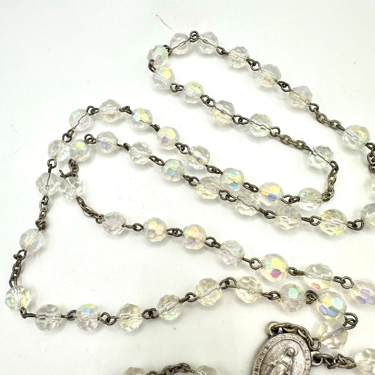 Italy silver tone clear glass AB aurora borealis beaded Catholic rosary necklace