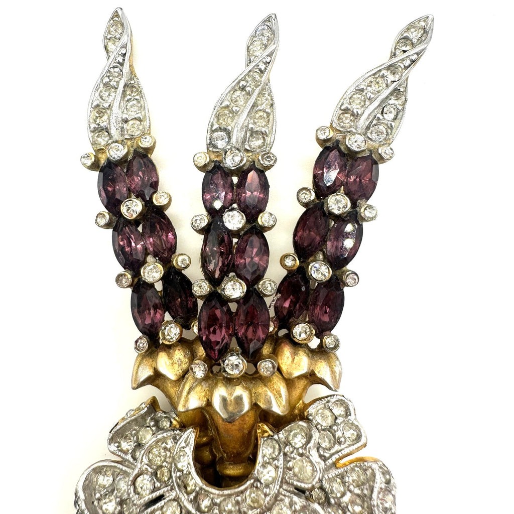 Vintage 1940 gold tone purple rhinestones large flower floral bouquet brooch