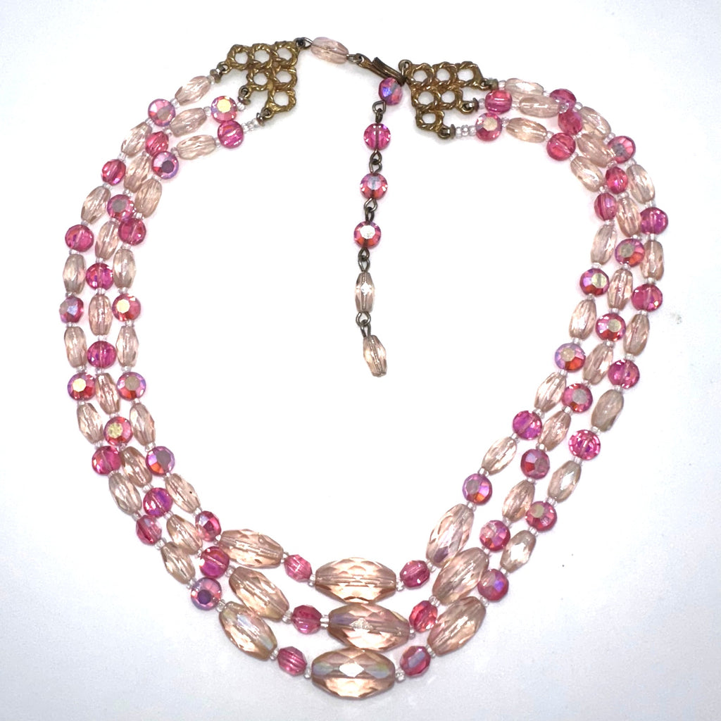 Vintage 3 triple multi strand pink AB aurora borealis glass beaded necklace