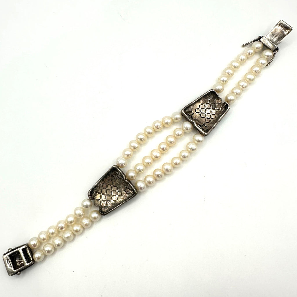NF Thailand 925 sterling silver marcasite real freshwater pearls bracelet 32.40g