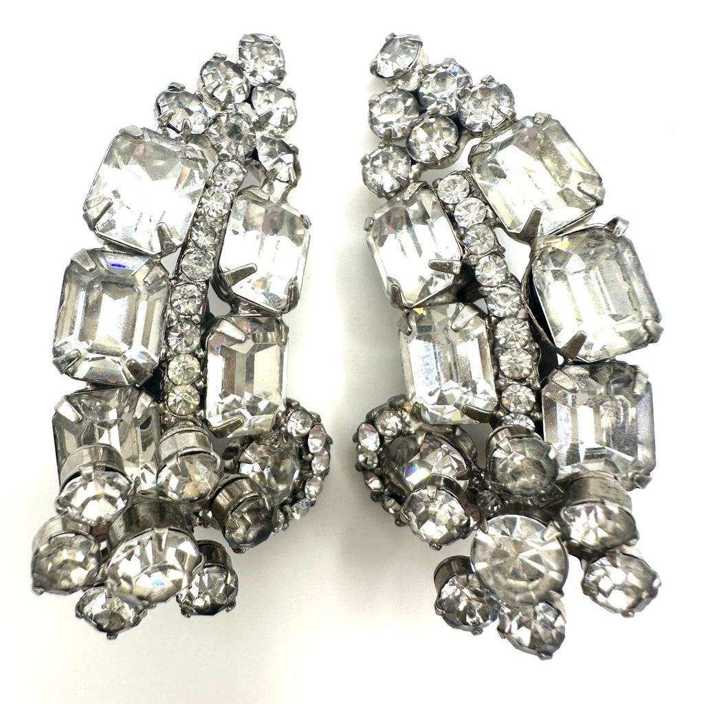 Juliana vintage silver tone clear glass rhinestones crawler clip on earrings