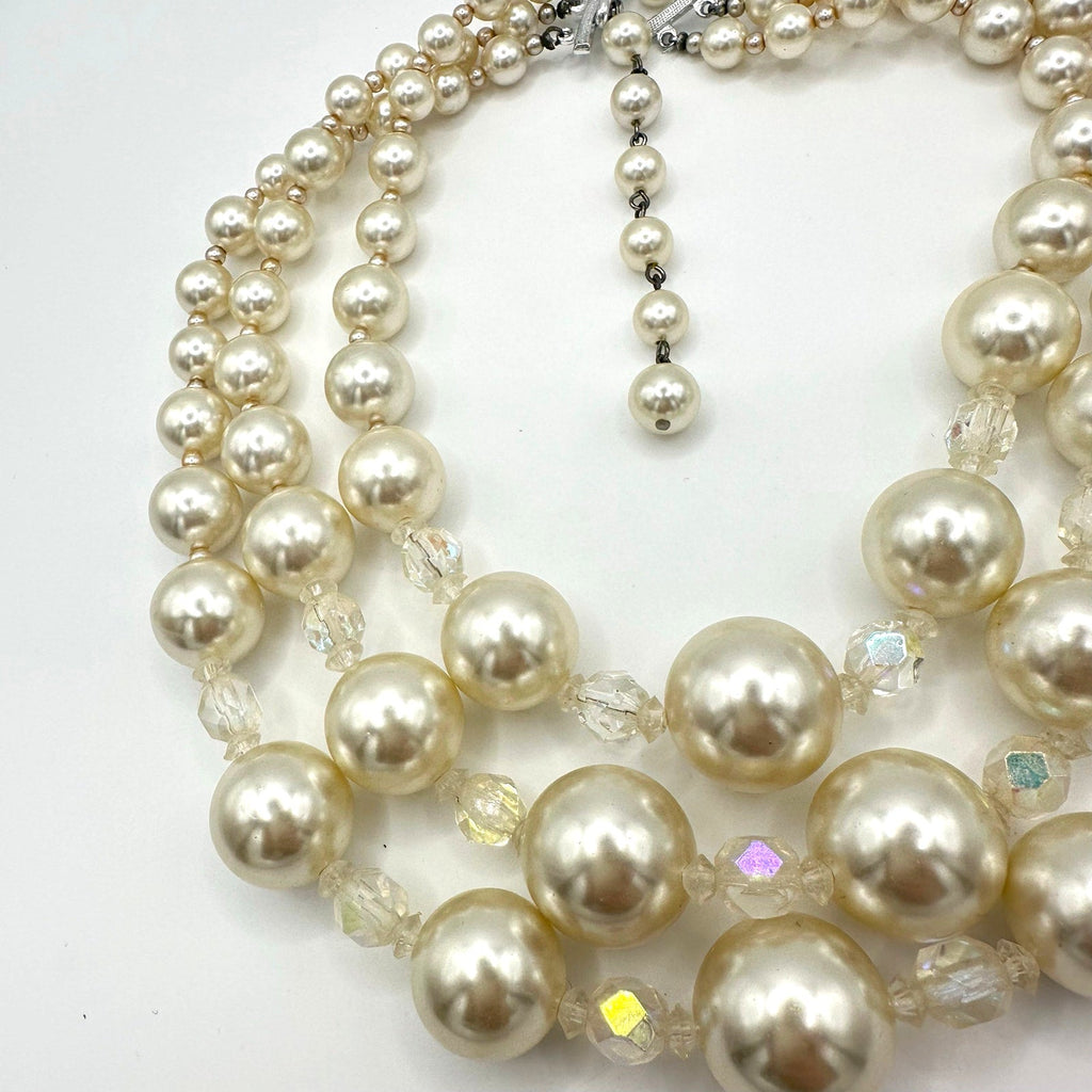 Japan vintage 3 multi strand lucite faux pearls AB beaded graduated necklace