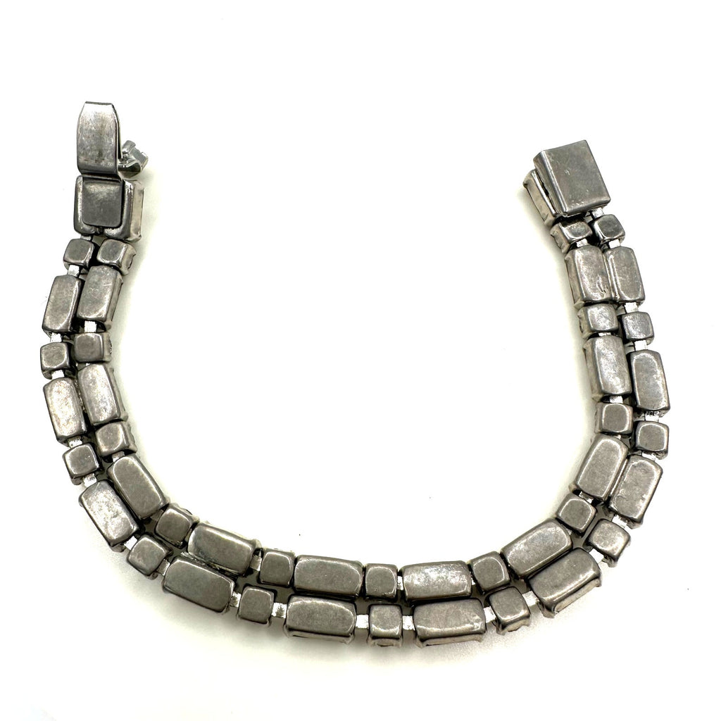 1950s vintage silver tone 2 row clear faceted glass rhinestones tennis bracelet