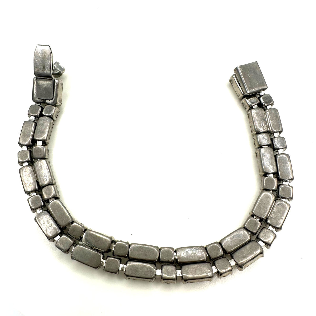 1950s vintage silver tone 2 row clear faceted glass rhinestones tennis bracelet