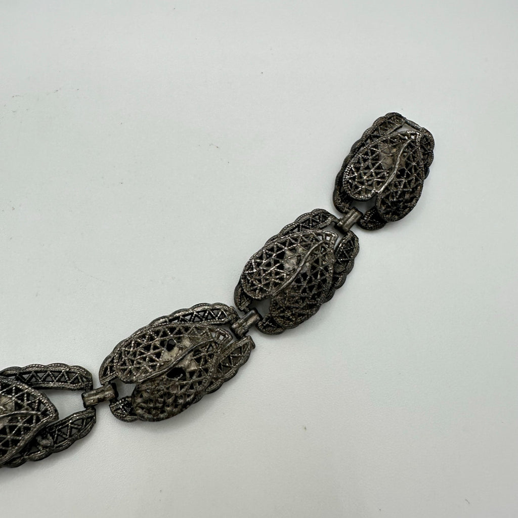 Antique Art Deco silver tone purple glass faux amethyst gemstones bracelet
