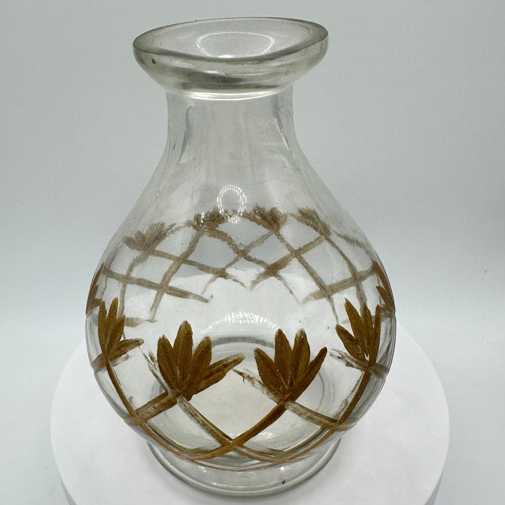 Hand blown midcentury Romanian style clear gold hand painted glass vase 4"