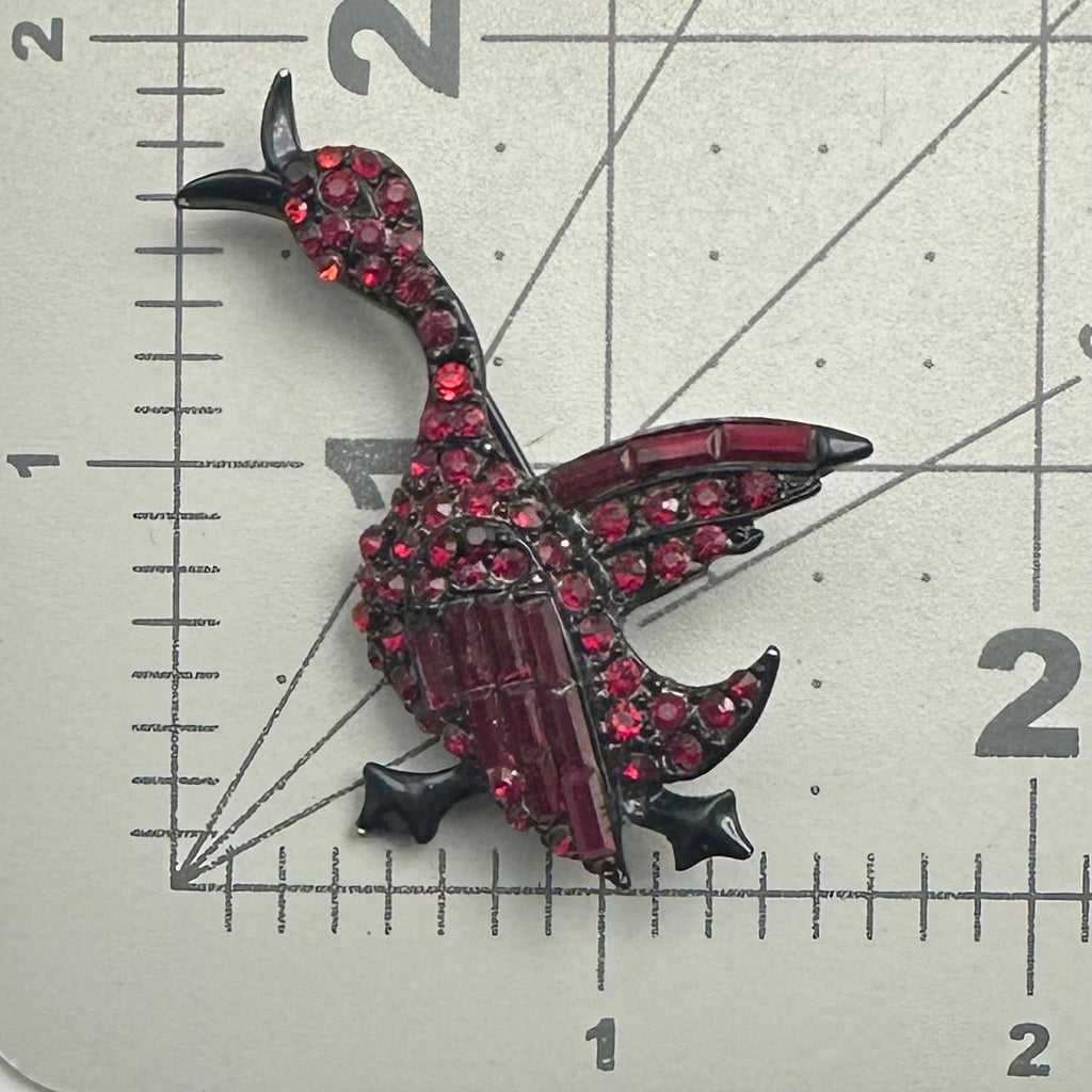 Vintage black gunmetal japanned red rhinestones duck bird figural brooch