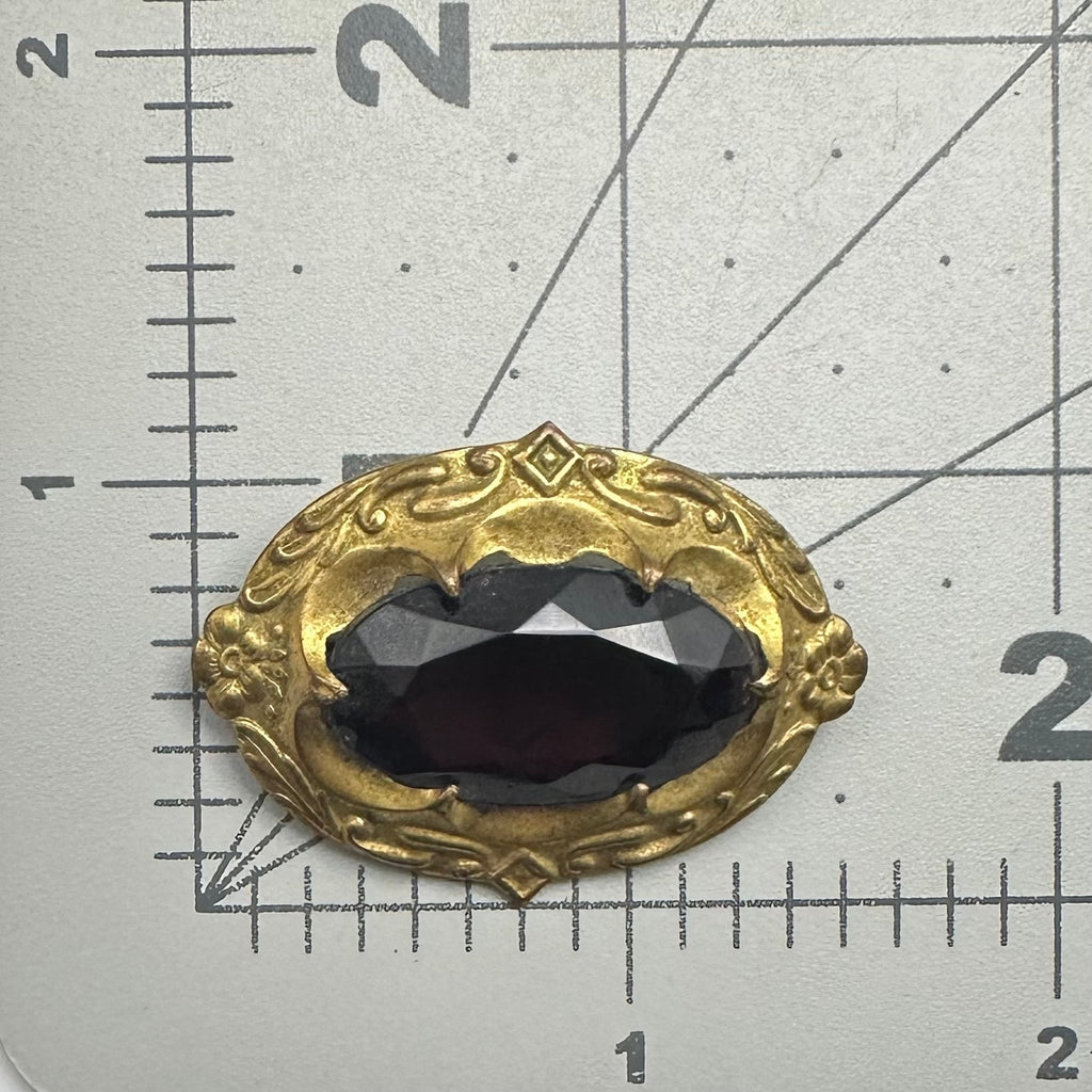 Antique 1900s Arts Crafts Nouveau gold gilt brass purple glass sash pin brooch