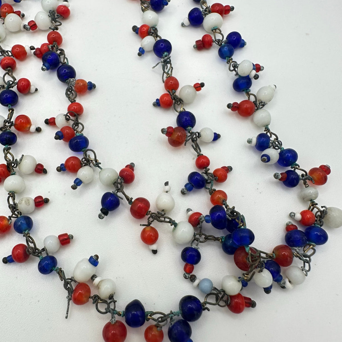 1940s vintage patriotic red white blue Czech glass beads beaded 50” necklace