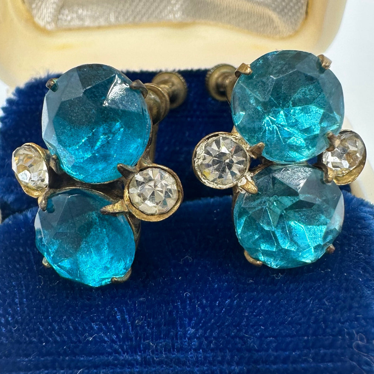 Antique gold tone blue Czech glass clear rhinestones screw back earrings