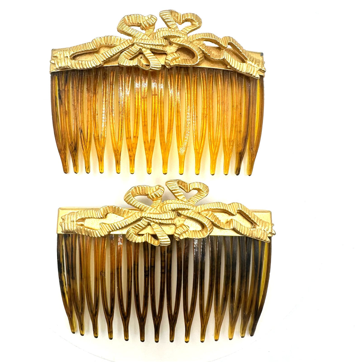 Kirks Folly set 2 gold tone ribbon bows faux tortoiseshell hair combs made USA